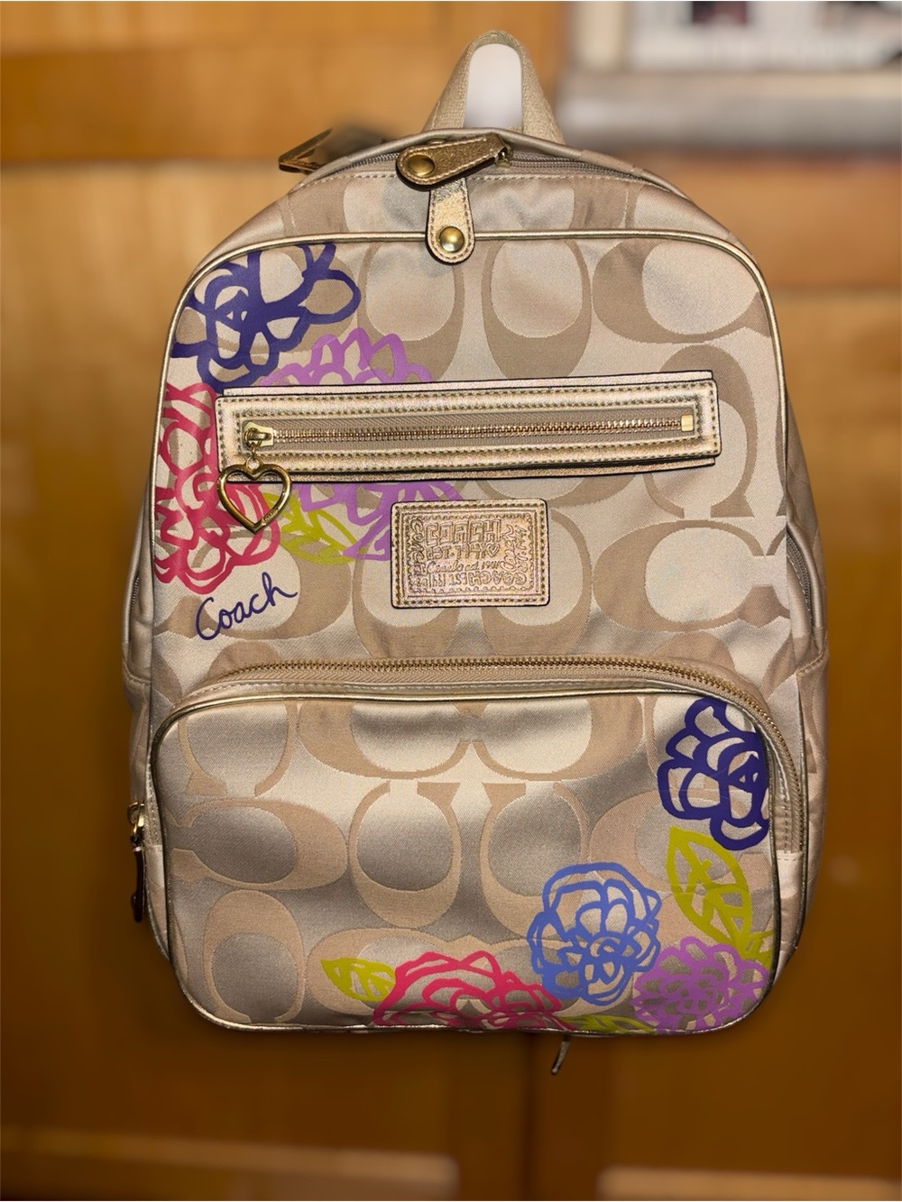 Coach Poppy F20795 Metallic Gold Signature Backpack w/Multicolor Floral Accents